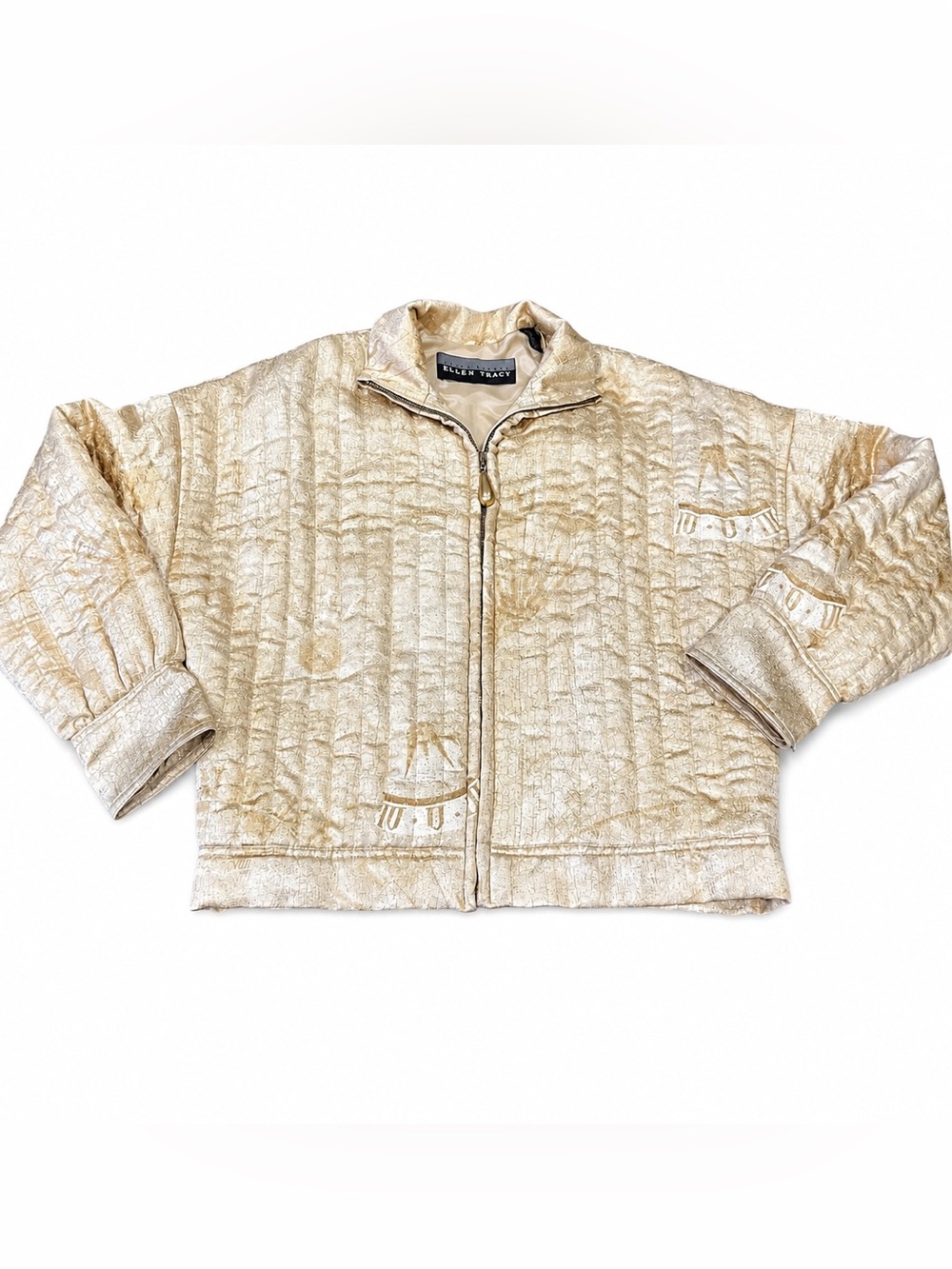 Vintage Linda Allard Ellen Tracy Silk Quilted Bomber Jacket Gold Petite P- AS IS